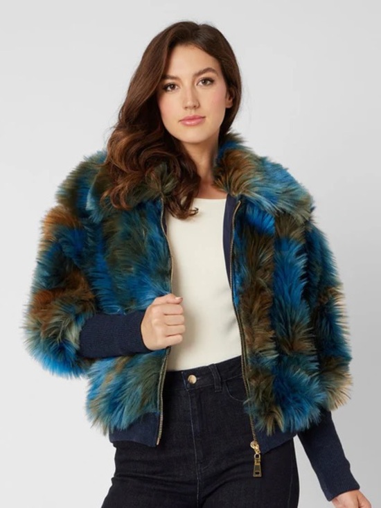 Adrienne Landau Jackets & Blazers - Adrienne Landau Faux Fur Bomber Jacket in blue green multi